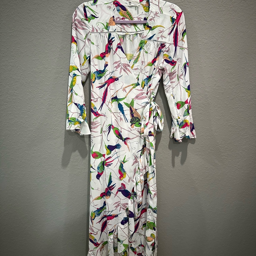 Anthropologie Floreat Aiden Robe 3/4 Sleeve Wrap Dress Bird Print Sz S EUC - Picture 2 of 8